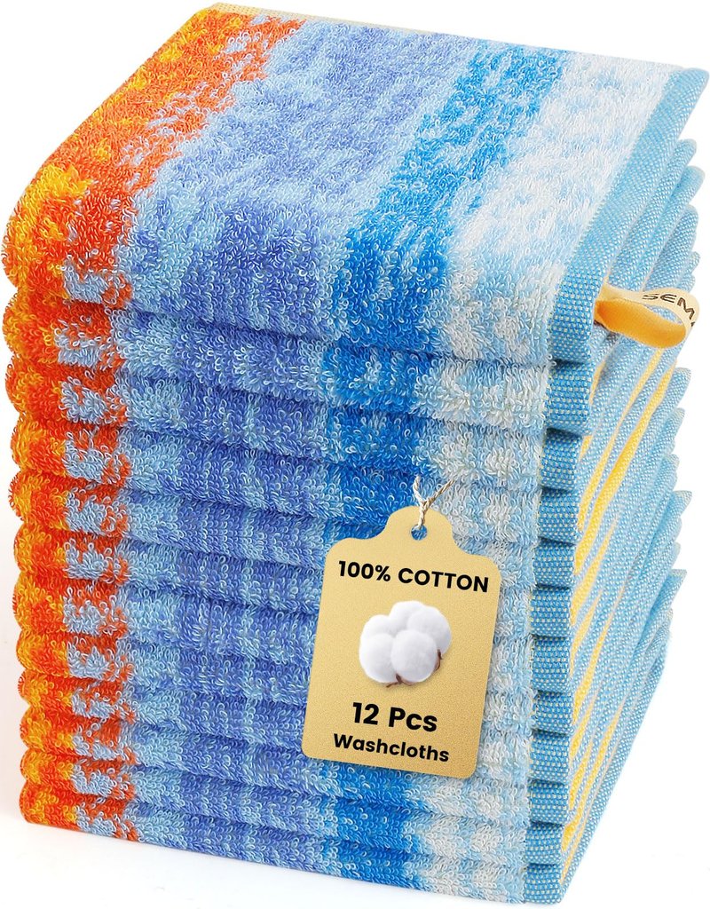 SEMAXE 100% Cotton Washcloths 12-Pack, 13 × 13 Inch Soft Face Towels with Hanging Loop, Absorbent & Quick Dry, Bathroom Shower Kitchen Use