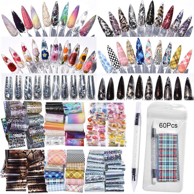 Nail Art Transfer Foils - 60 Mixed Designs with Dried Flowers, Iridescent & Marble | Includes Engraving Pen 7.87 x 1.57 Inches
