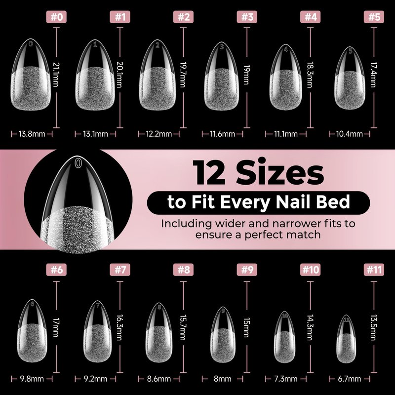 Almond Nail Tips: 240pcs Pointed Almond Soft Gel Nail Tips, Pre-shape Short Nails, Half Matte Full Cover Clear Acrylic Fake Press On Nails for Nail Extension Home Nail Art 12 Sizes Gelly Tips