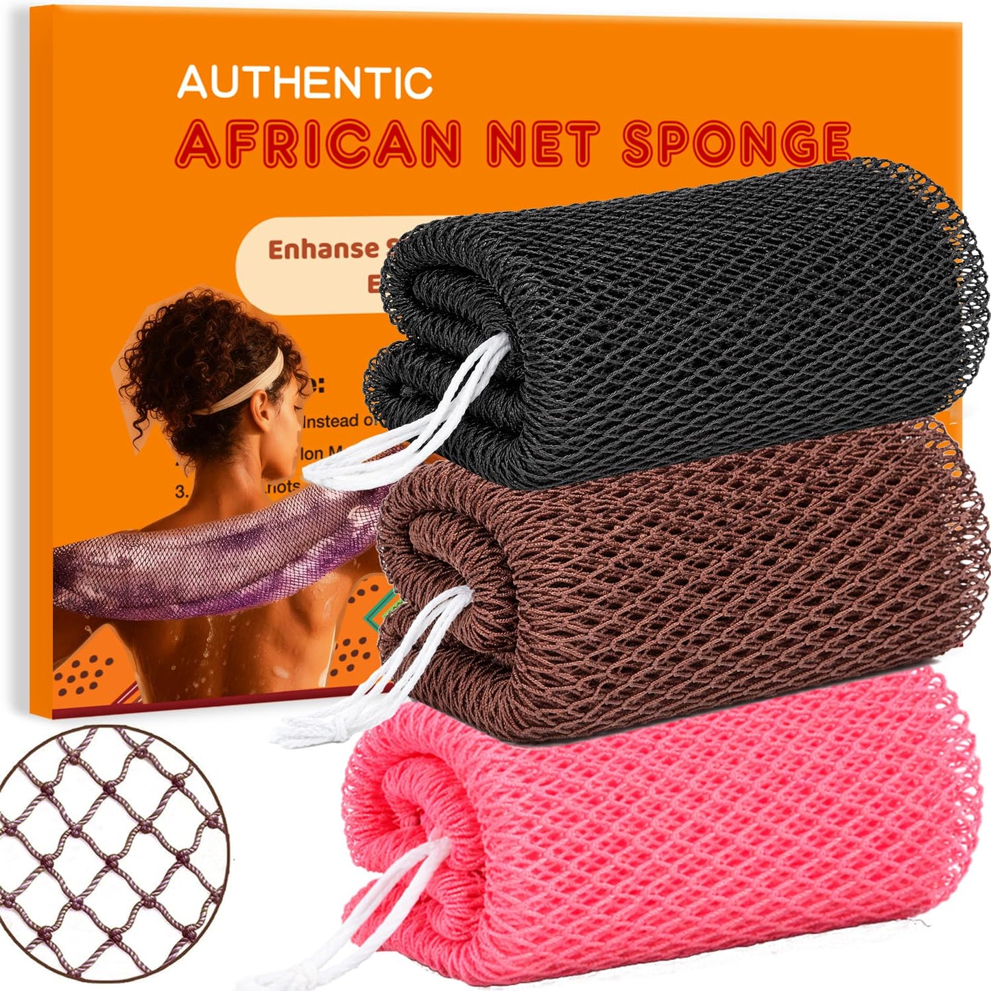 African Net Sponge Authentic, 3 Pieces African Exfoliating Net Sponge Body Back Scrubber Exfoliating Washcloth for Shower Bath for All Types (Black+Brown+Pink, 3 Pcs)
