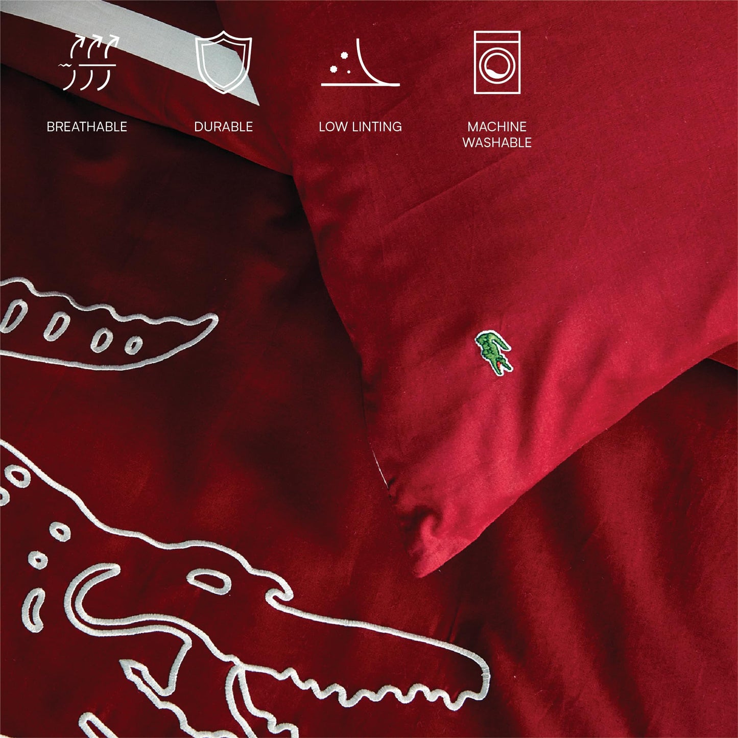 Lacoste Big Croc Comforter Set – 100% Cotton Percale 180-Thread Count, Reversible Duvet & Pillow Shams, Soft Breathable, Iconic Croc Logo, Rio Red, Twin