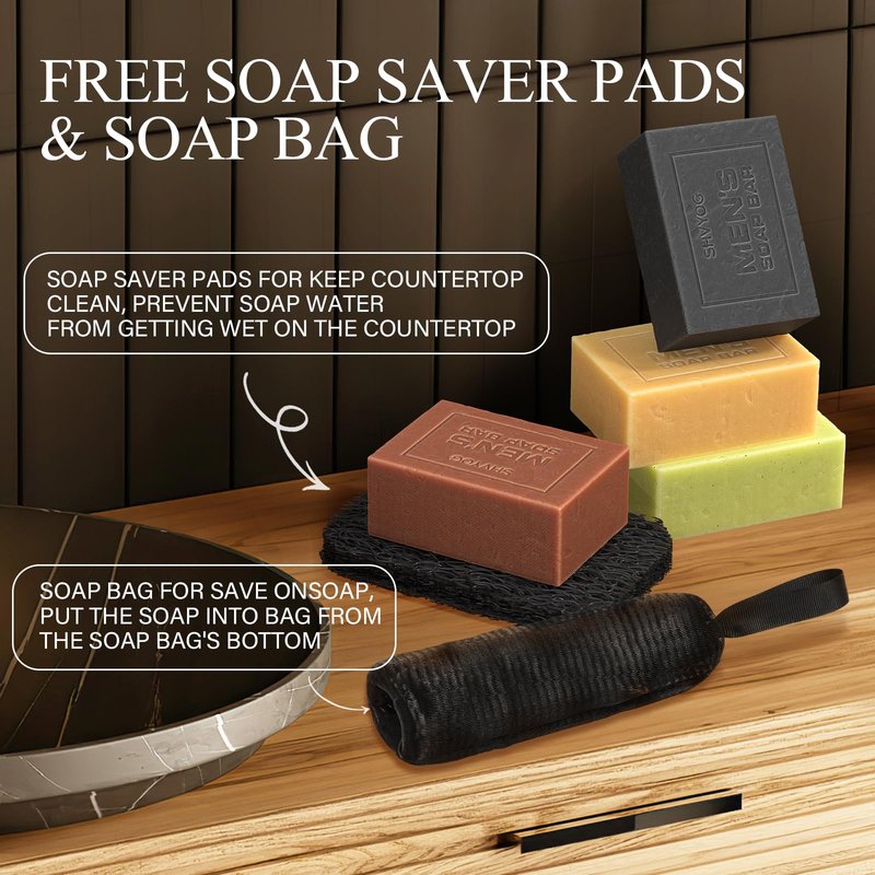 SHVYOG Mens Soap, 4 Pack Mens Bar Soap, Gift for Men Natural Cold Pressed Handmade Exfoliating Soap, Deep Cleansing, Moisturizing Bar Soap, Sandalwood Amber, Mint, Charcoal, Turmeric - 150G*4