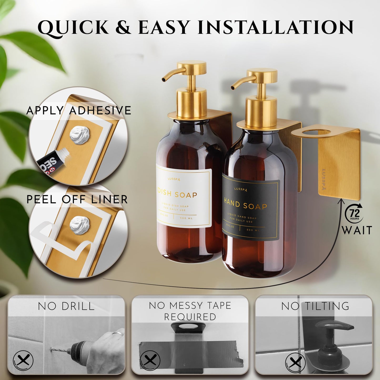Shower Shampoo Dispenser Wall Mounted – 3 Refillable 16.9 oz Amber Bottles with Stainless Steel Pumps & No-Drill Adhesive Holders – Soap Dispenser Set for Bathroom (3 X Amber/Gold)