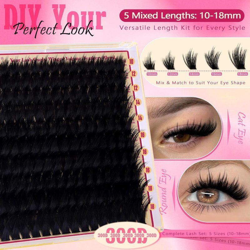 FANXITON Volume Lash Clusters - Spiky Manga 300D Eyelash Extensions | 10-18MM Thick Wispy D Curl