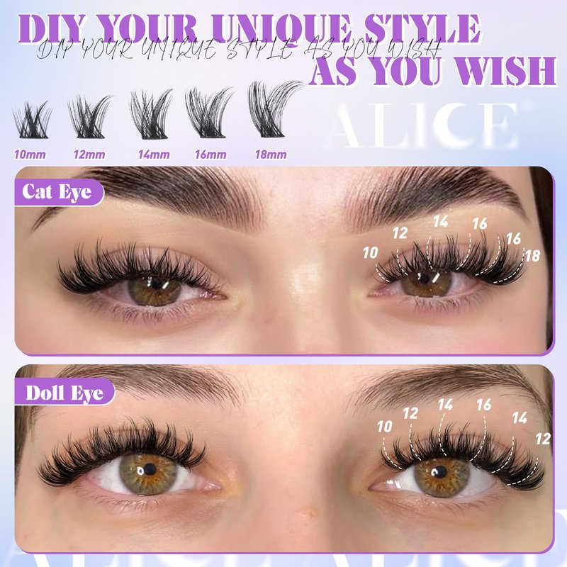 ALICE Wispy Lash Clusters Kit Natural Fluffy Lash Extension Kit Cluster Eyelash Extension Kit 162pcs C Curl 10-18mm Eyelash Clusters with Lash Glue Bond and Seal Lash Tweezers