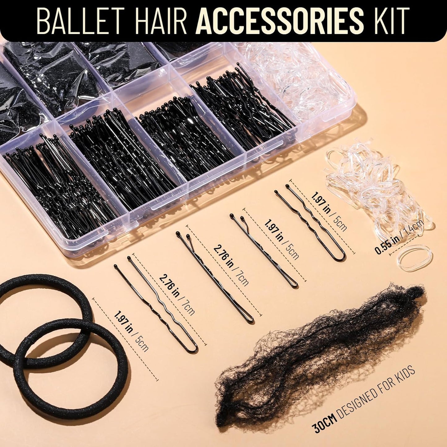 YGDZ Hair Bun Accessories for Kids, Ballet Dance Stuff with Black Invisible Hair Nets for Buns, Bobby Pins, Hair Pins, Elastic Hair Ties, Dance Competition Must Haves for Ballet Girls, Women, Black