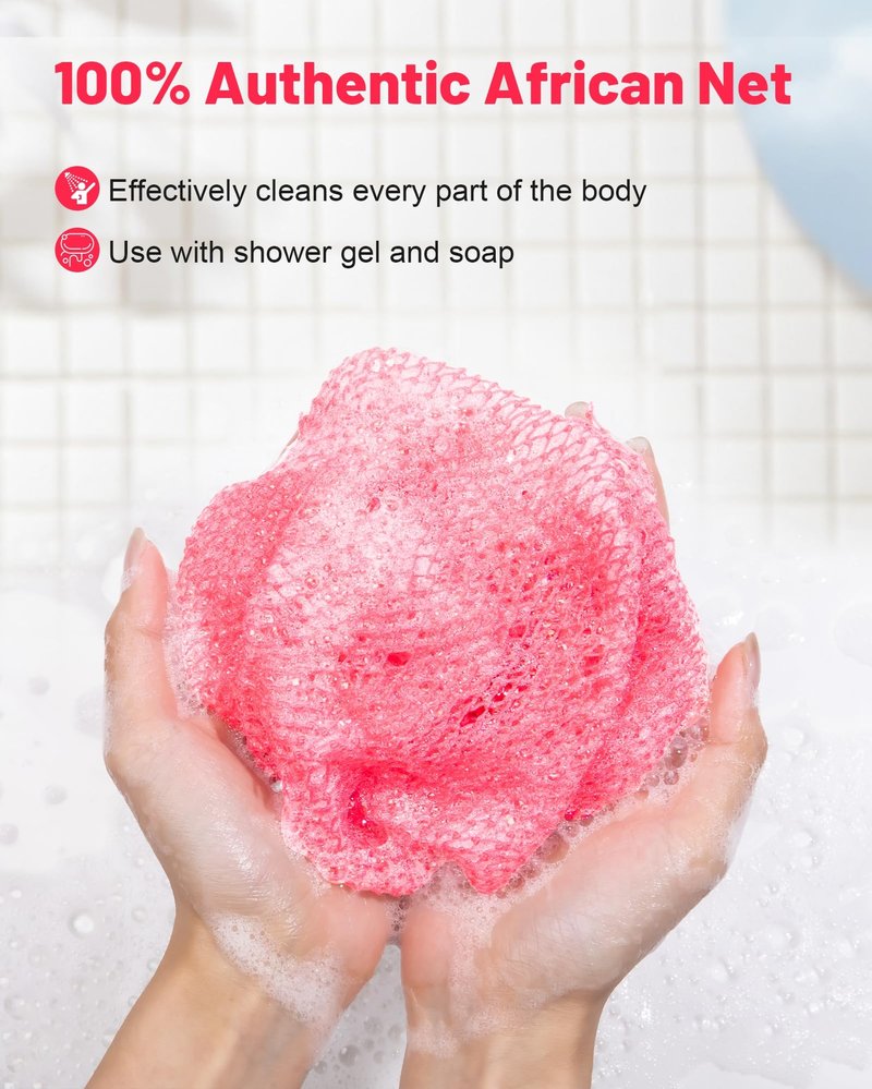 MTDLYICE African Net Sponge 3 Pack, Back Scrubber for Shower, XL 80CM Exfoliating Washcloth, African Net Sponge Authentic, Body Scrubber exfoliator Bath Accessories (Pink,Red,Purple)