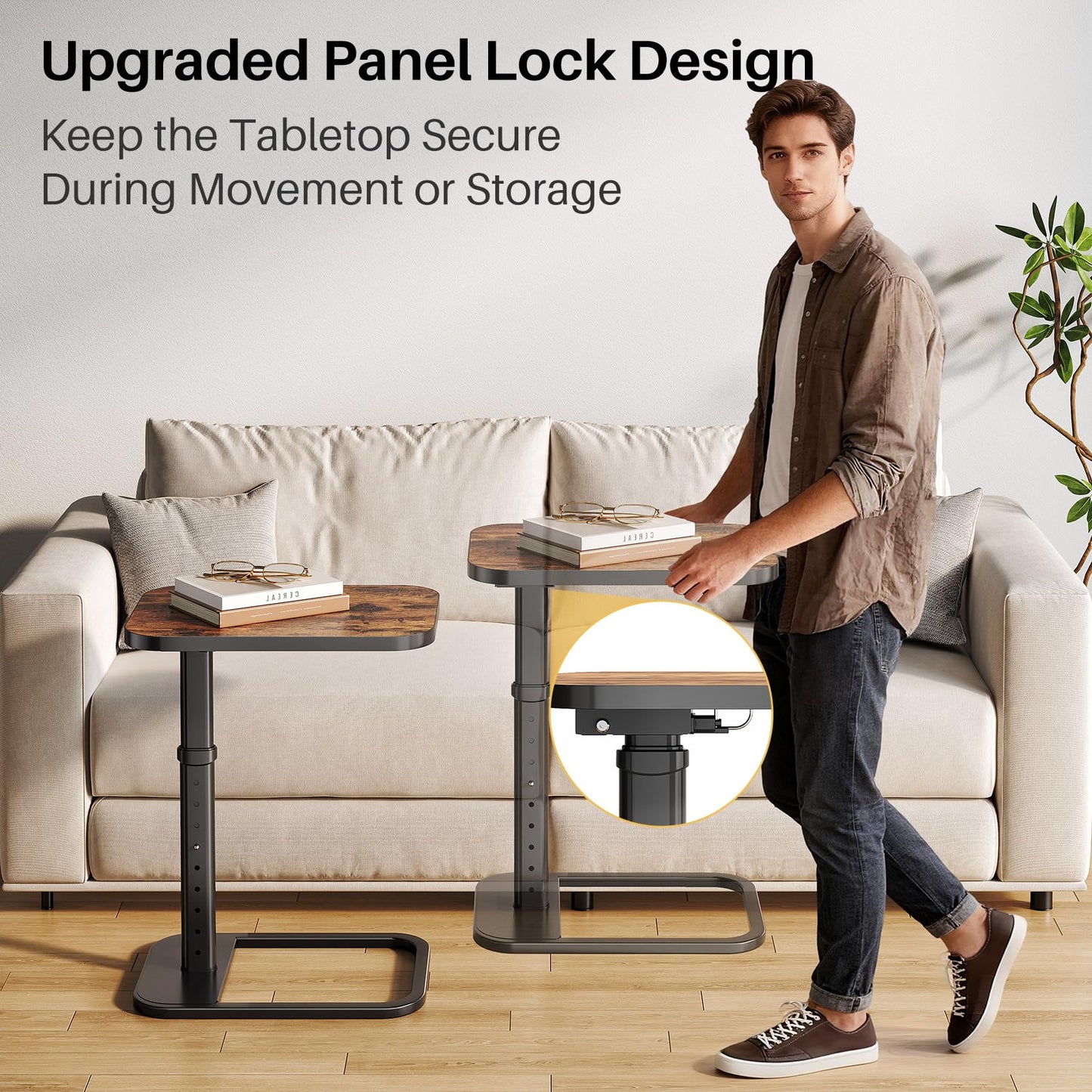 Branwick Adjustable Height TV Tray Table for Couch Eating & Small Spaces, Flip-Top Sofa Side Table with Safe Rounded Corners for Living Room, Bedroom & Apartment, Portable Laptop Snack Table, Brown