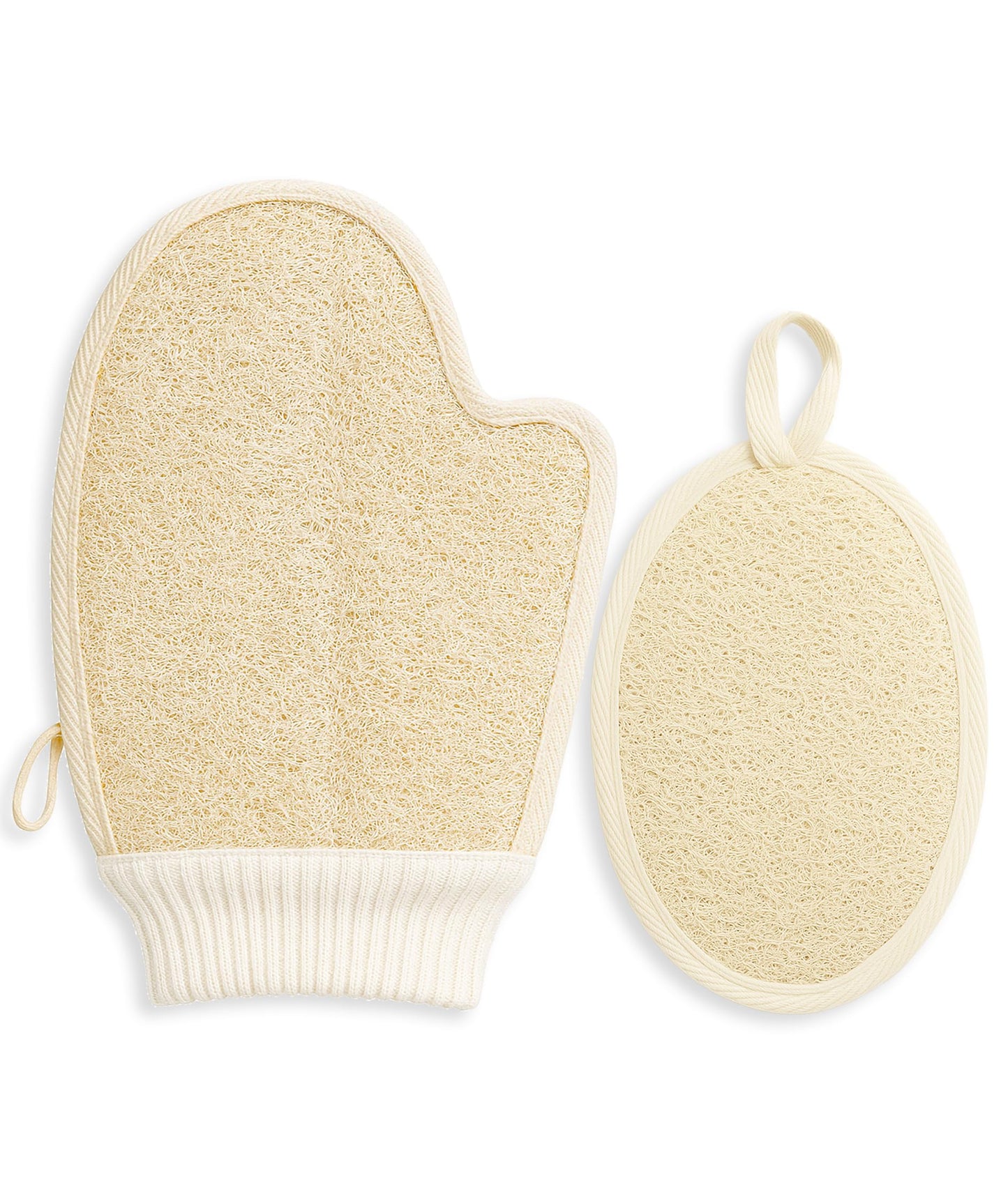 surlees Natural Loofah Bath Exfoliating Glove & Luffa Sponge Set (Mitt & Pad), Premium Body Scrubber with Elastic Band for Women & Men in Shower/Spa