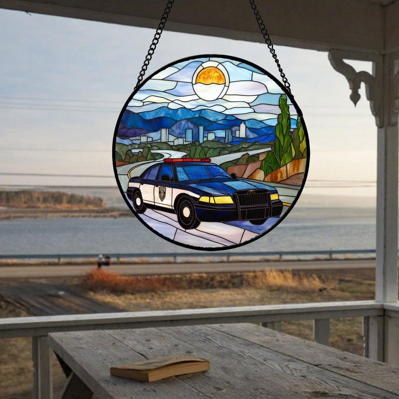 QZQCBLC Stained Glass Window Hanging Blue White Sunset Police Car 6.3" - Suncatcher Door Garden Sun Catcher Home Decor Birthday Christmas for Mom Men Woman Wife Friend Nana