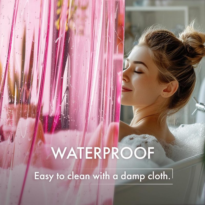 AmazerBath No Hook Shower Curtain and Liner 3-in-1, 8G Luxury Heavy Duty Clear Hot Pink No Hook Shower Curtain Liner, 72x75 Cute EVA Bathroom Weighted Plastic Shower Curtain with 3 Heavyweight Stones