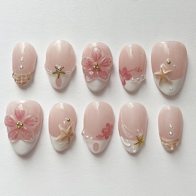 30Pcs Summer Beach Short Almond Press On Nails Pink Floral Starfish French Tips Fake Nails with 3D Flower & Pearl Decor Cute Handmade Acrylic Nails Glossy Reusable False Nails for Women Vacation Nail
