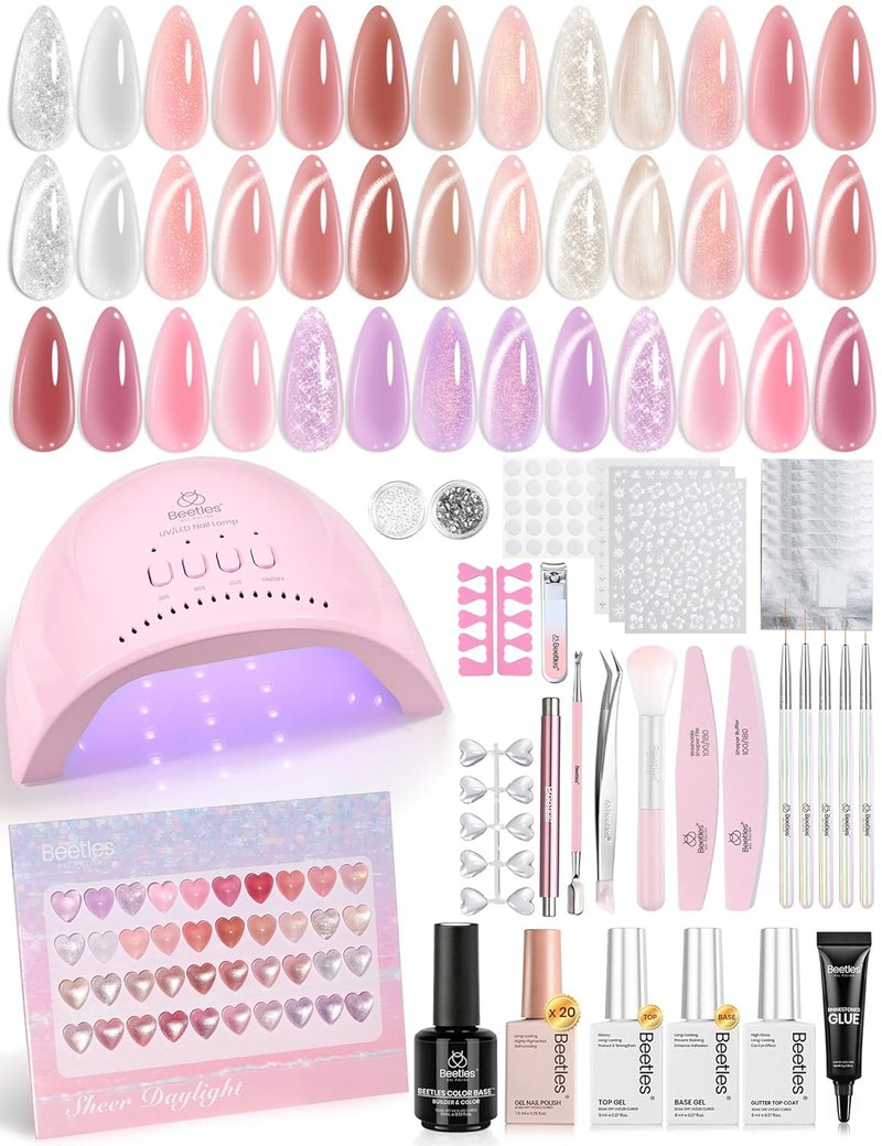 Beetles 80 Pcs Gel Nail Kit with U V Light -20 Color Jelly Gel Nail Polish Set Milky Nude Red Purple Glitter Sheer Daylight Nails Kit with Cat Eye Top Coat Rubber Base DIY Salon Gifts for Women Gilrs