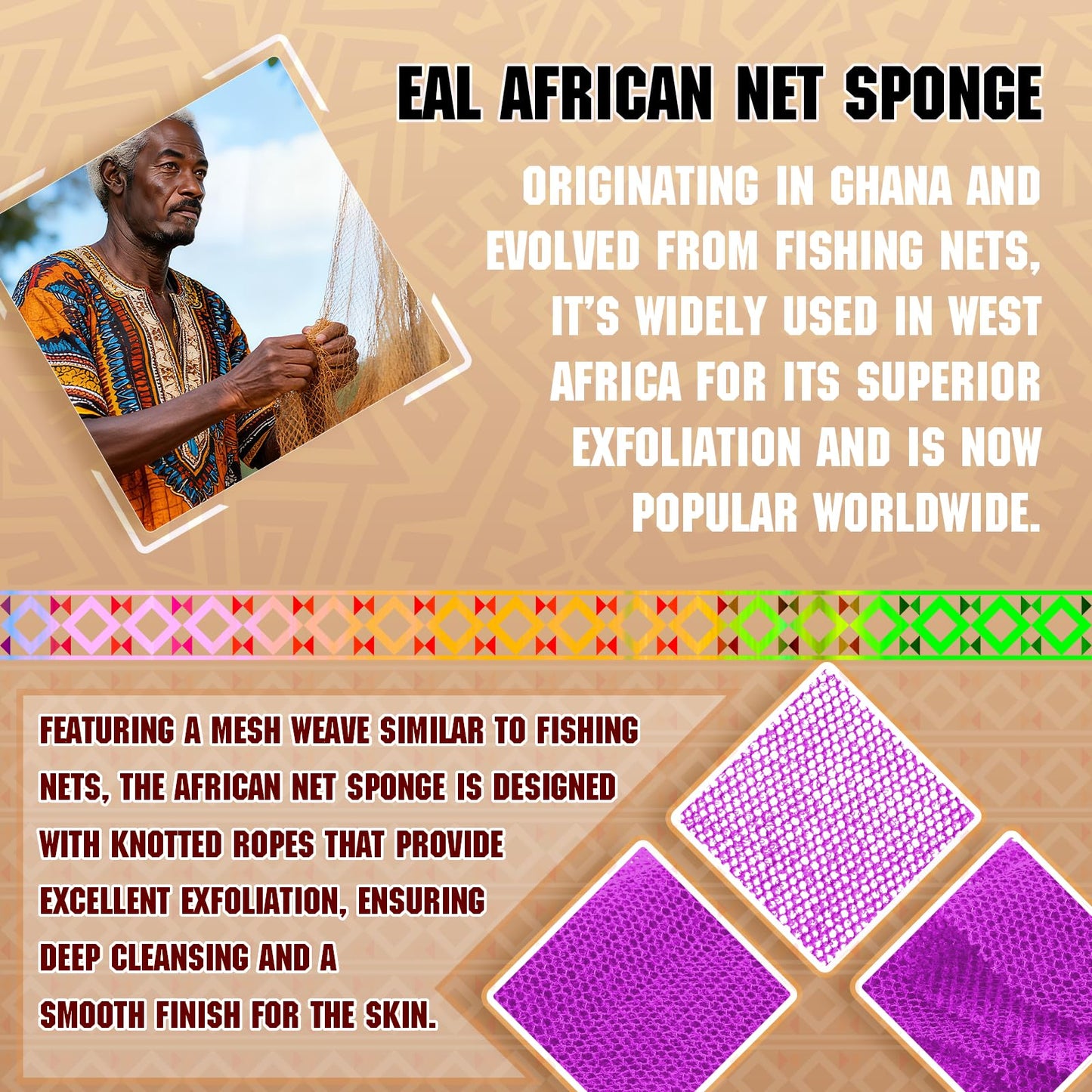 SpiralScgv 4-Pack Authentic African Net Sponge - Exfoliating Body & Face Scrubber, Travel Portable, Durable & Gentle Exfoliation(Yellow,Pink,Purple,Green)