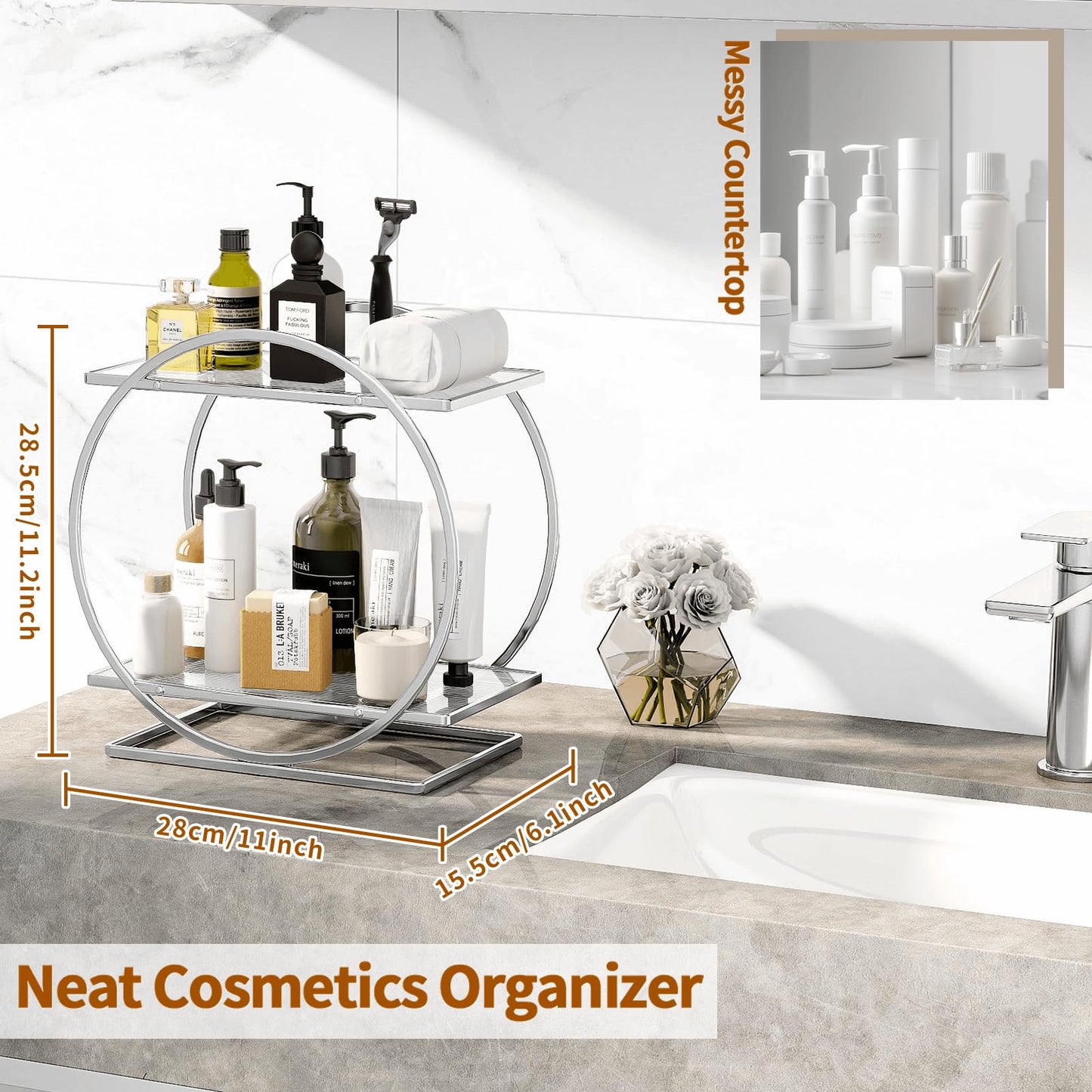 YIWANFW Perfume Organizer for Bedroom Dresser- Sliver Makeup Organizers for Vanity, 2 Tier Bathroom Countertop Organizer Perfume Tray Skincare Storage Cosmetic Display Rack, Make Up Counter Shelf