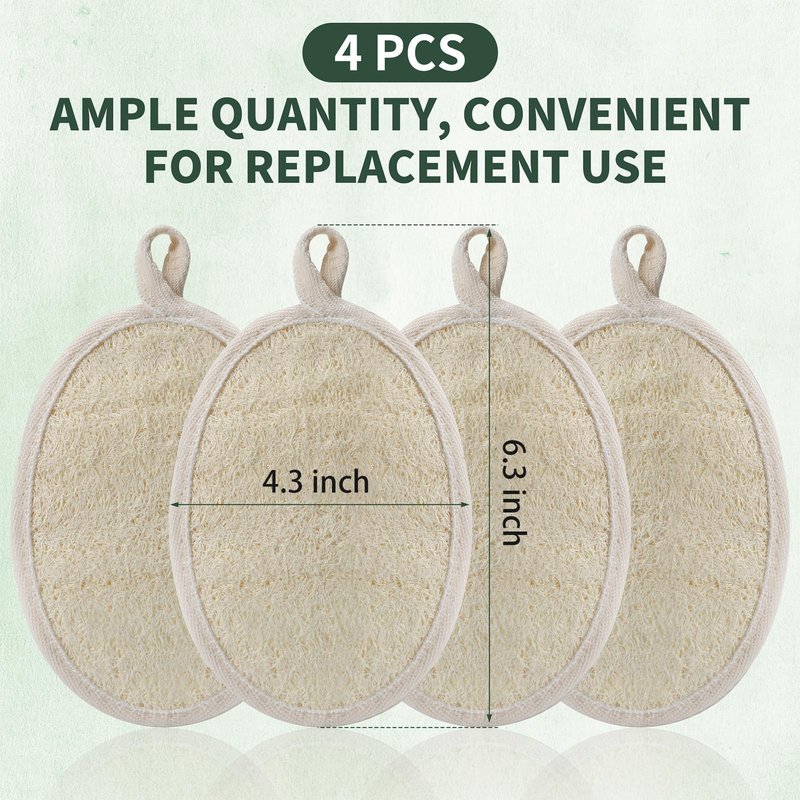 SAMEBUTECO 4 Pack Natural Loofah Exfoliating Body Scrubber Pads,Large Size 6.3x4.3 Inch Shower Loofah Sponges with Elastic Strap & Hanging Loop, Bath Scrubber for Adults