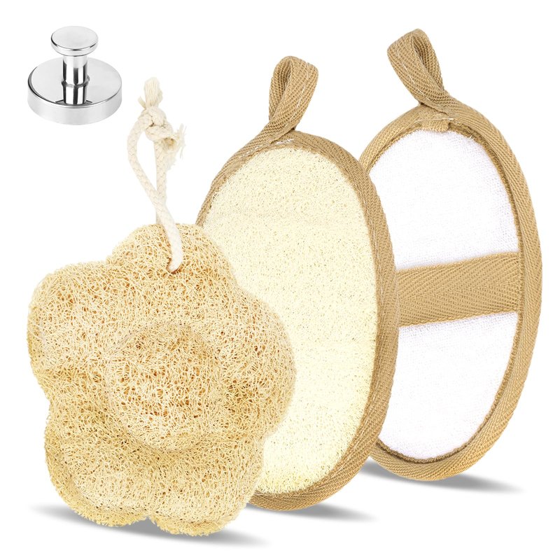 3 Pcs Natural Loofah Sponge Exfoliating Body Scrubber, Plant-Based Shower Luffa Pads with Cloth Backing, Large Bath Sponge for Men and Women