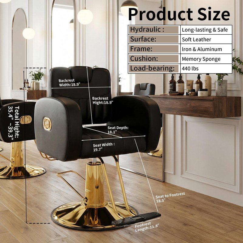 Baasha Black & Gold Reclining Salon Chair - All Purpose Hydraulic Barber Chair with Removable Headrest - Comfortable Styling Chair for Makeup, Lash, Tattoo, Braiding & Shaving, 440 lbs Cap.