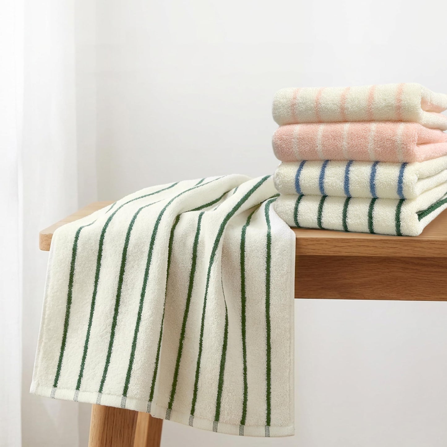 VOOVA & MOVAS Pink Stripe Natural Cotton Hand Towels Set of 2, 13"x29" – Medium Weight 420GSM with Hanging Loop, Bathroom & Kitchen Use, Absorbent | PinkGround Design for Modern Home