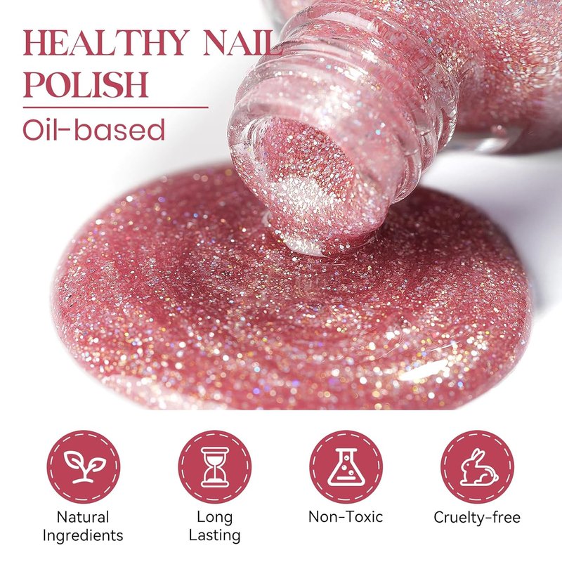 MIZHSE Quick Dry Glitter Pink Nail Polish - Non-Gel, Fast Air Drying, 15ml Full Coverage Shine
