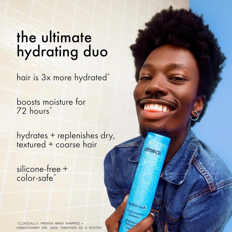 Amika Hydro Rush Intense Moisture Shampoo - Hyaluronic Acid Infused | Deep Hydration for Dry Hair