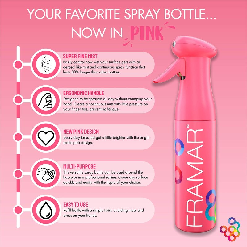 FRAMAR Premium Hair Mister Spray Bottle – Continuous Spray Bottle For Hair, Water Sprayer, Continuous Mister for Salon Supplies – Ultra Fine Mist – Pink 250 ml