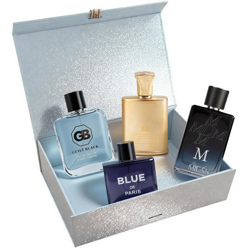 A CENTER Men's Cologne Gift Set 4 x 3.4 FL oz|Luxury perfume with Premium Presentation Box|Perfect Valentine's Day Gift for Him|Long Lasting Fragrance(MForM&BlueDe&KING D&GuiltBlack)