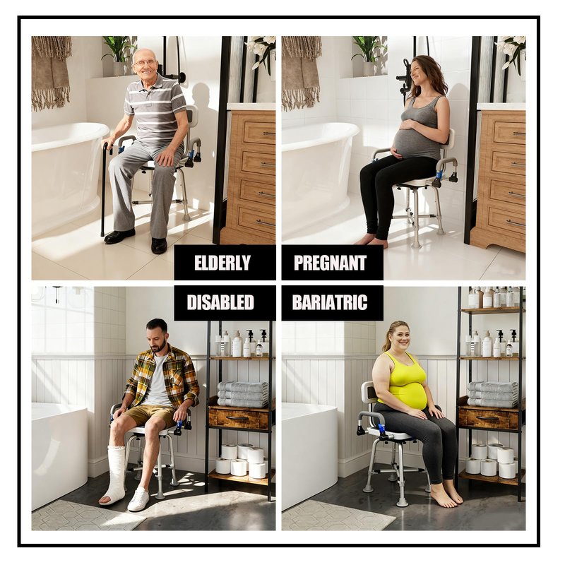 360° Swivel Shower Chair for Elderly and Disabled 400lbs Heavy Duty Bathing Transfer Stool with Armrests & Backrest Adjustable Height Bath Chair for Inside Shower Standard Bathrooms & Bathtubs Gray