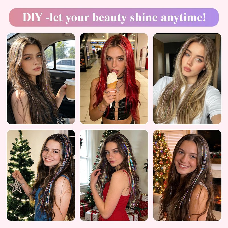 Leuceiy 16 Colors Hair Tinsel Kit, 36 Inch Hair Extensions With Tool, 4800 Strands Sparkling Dazzle Glitter Shiny Fairy Hair Heat Resistant for Girls Women Christmas New Year Festival Party