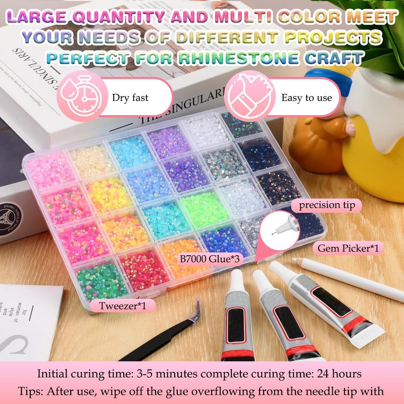32000Pcs Resin Jelly Rhinestones for Bedazzling, 3mm Multicolor Flatback Gems DIY Resin Rhinestone Kit for Bedazzling with 3Pcs B7000 Jewelry Glue, for Diamond Art Bedazzled Nail Art & Crafts