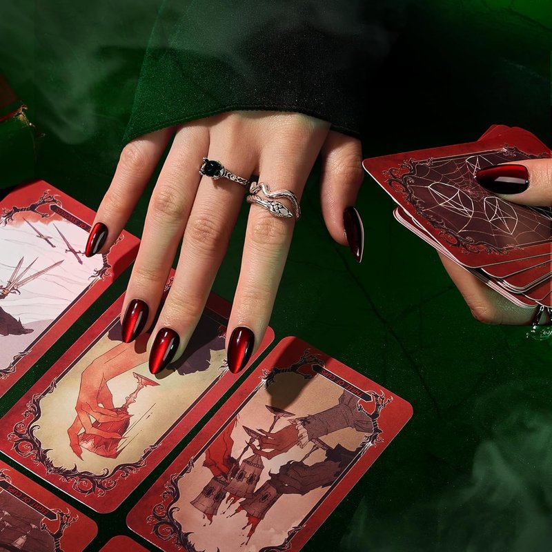 Press On Nails - Vampire's Gaze Deep Red Cat Eye Almond | 32 Glossy Stick On Nails in 16 Sizes for Halloween