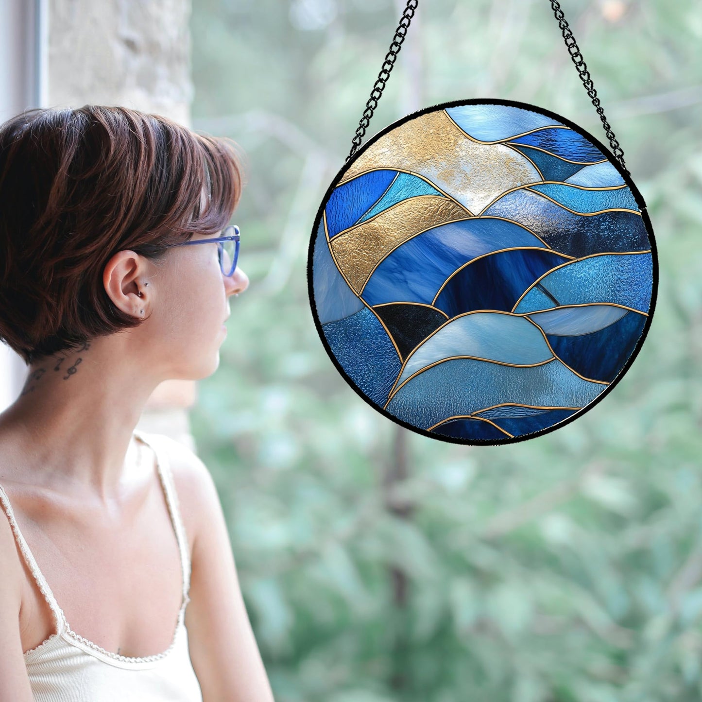 GEFOS Stained Glass Window Hanging Blue Golden Ocean Waves 7.8" - Suncatcher Door Garden Sunroom Sun Catcher Home Decor Housewarming Birthday for Mom Grandma Men Woman