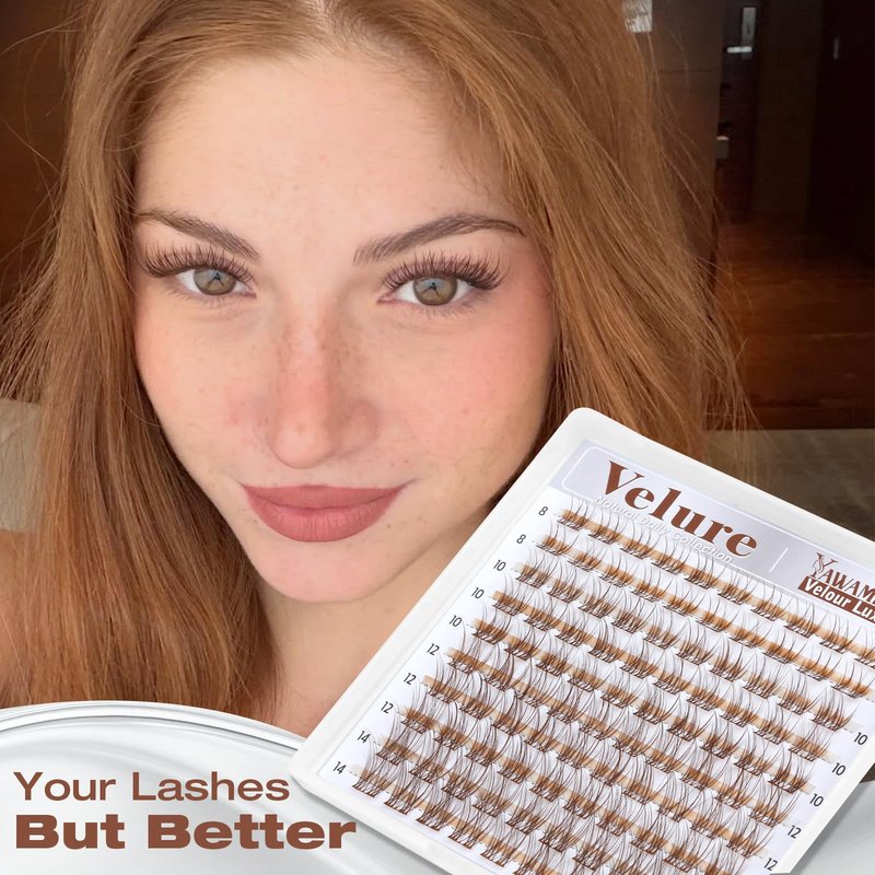 Brown Lash Clusters Natural Velour Eyelash Clusters 8-14mm Wispy Individual Lashes Light Brown Cluster Lashes CC Curl Lashes Clusters with Wide Band for Your Lashes But Better Look by Yawamica