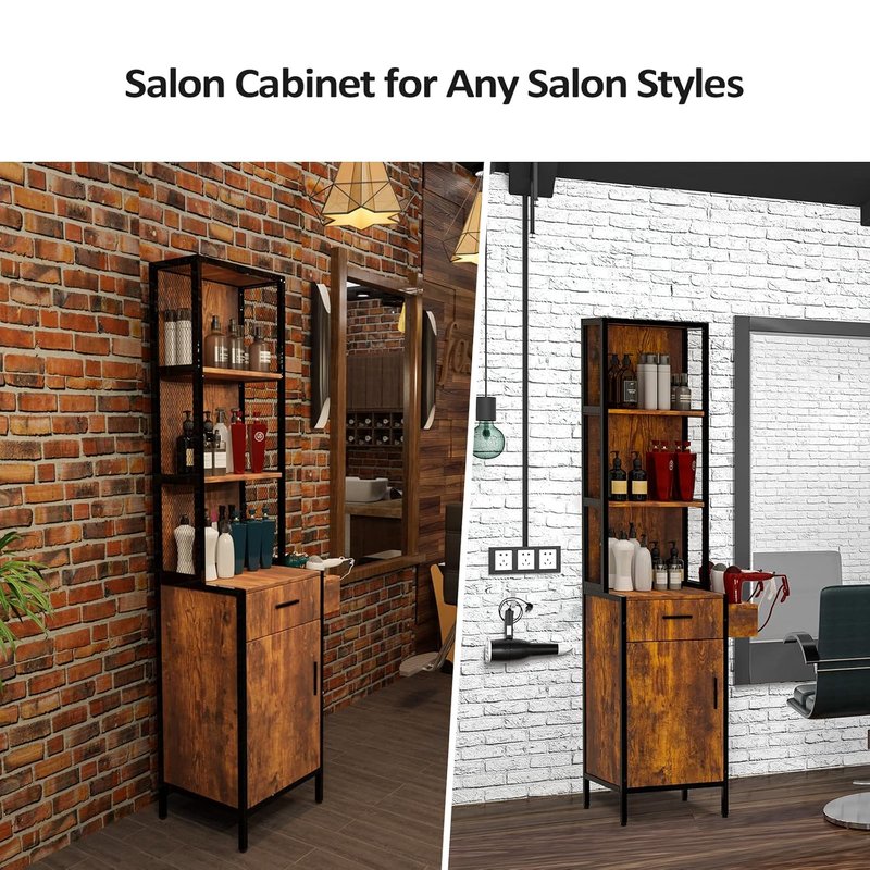 3-Layer Salon Storage Cabinet - Beauty Barber Styling Station Organizer with Drawer & Hot Tool Holders | Rustic Design