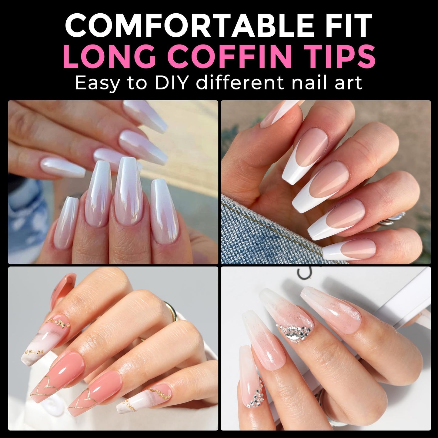 UNA GELLA Long Coffin Nail Tips: 216pcs Coffin Acrylic Fake Nails Full Cover Gel Nail Tips Press On Nails Clear Tips for Nail Extension DIY Salon 12 Sizes