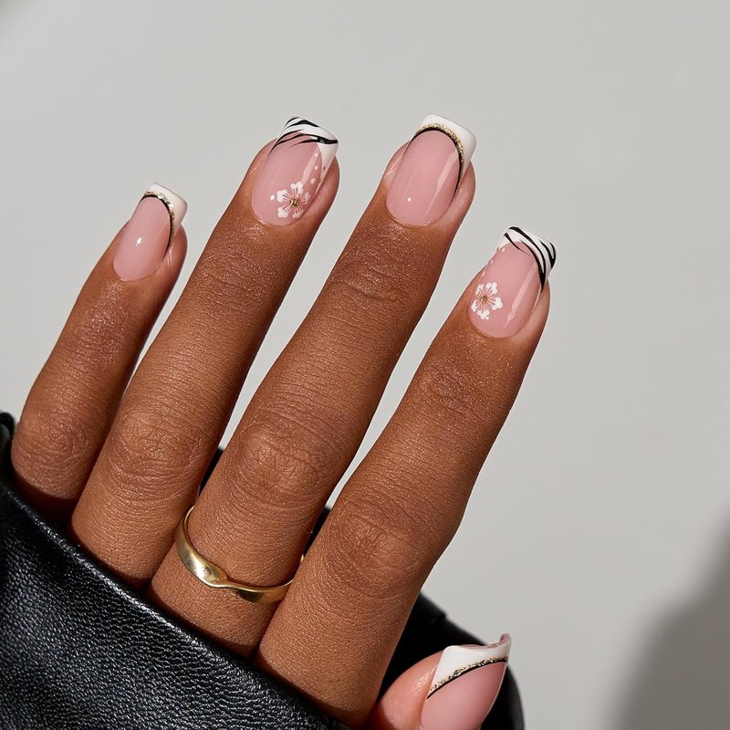 French Tip Press-On Nails | 160 Pcs Pink Square Soft Gel Tips - No Filing Needed, 16 Sizes Included