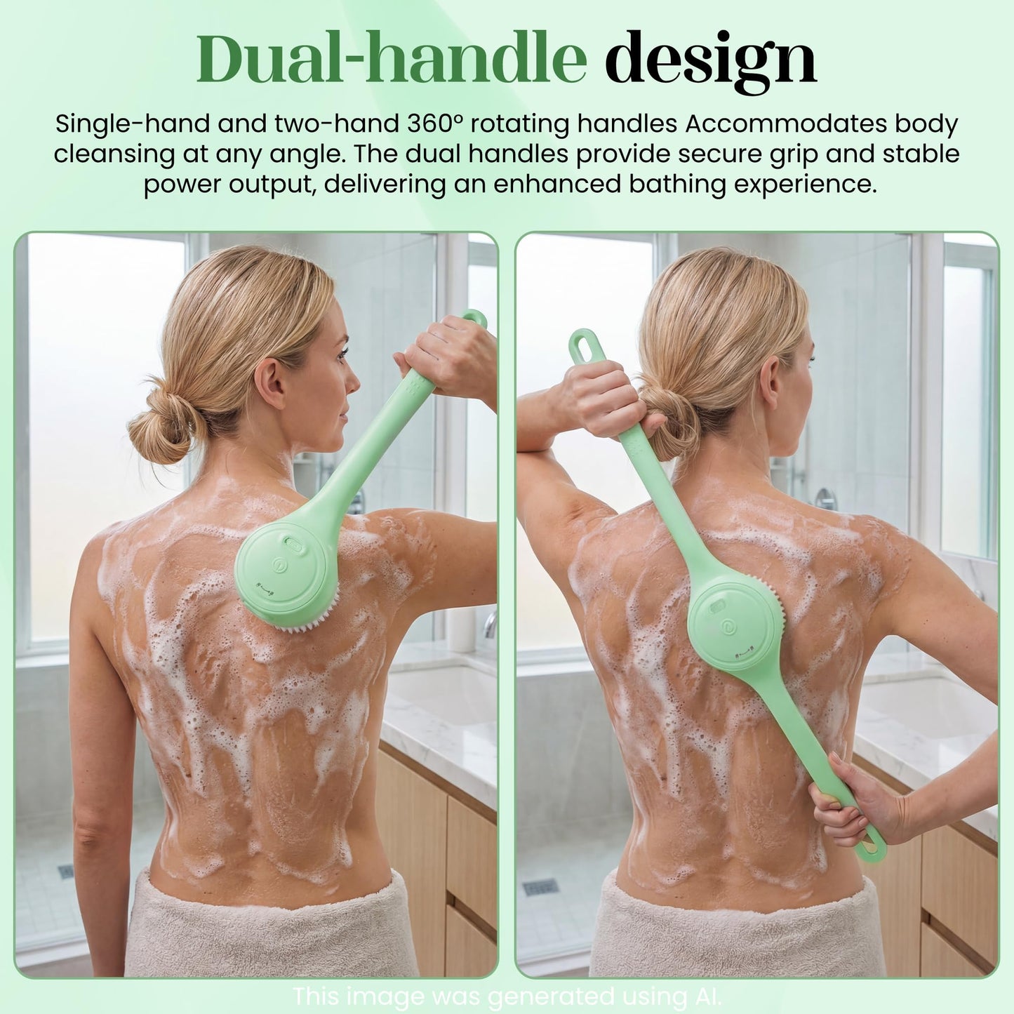 Electric Body Brush Back Scrubber for Shower，5 Replaceable Heads and Hook,Waterproof Long Dual Handle Power Body Scrubber 2 Speeds, for Cleansing Body, Exfoliating and Massaging Skin.