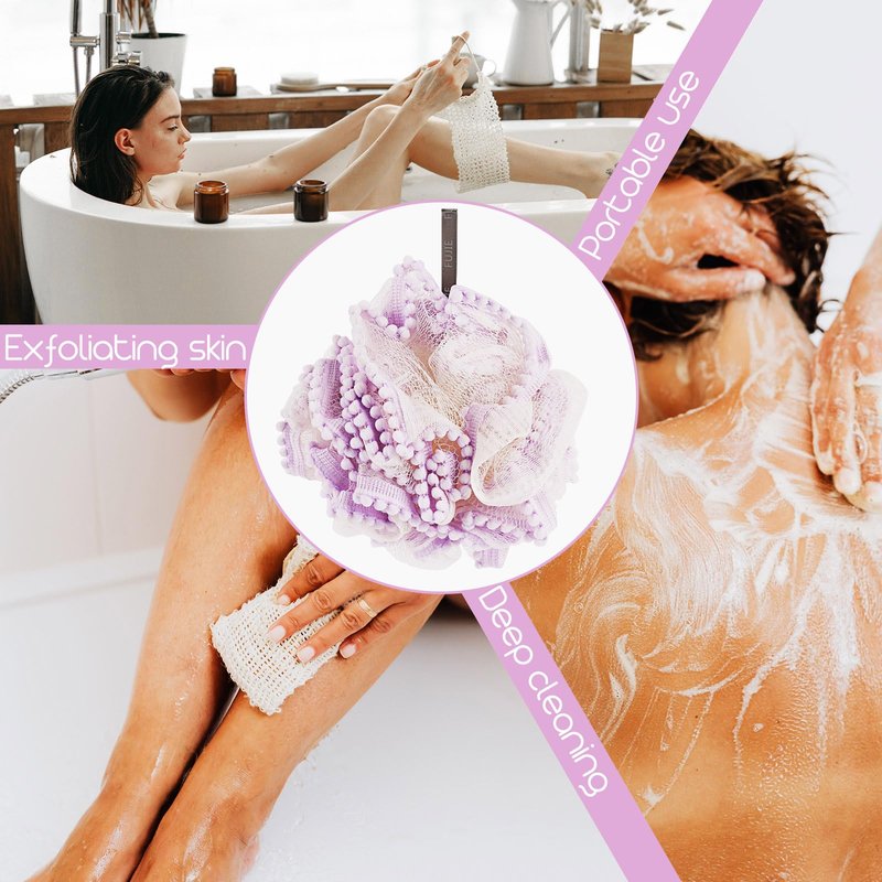 Biiange Loofah, Shower Bath Spong, Soft Shower Loofahs Balls, Globose lace Shower Ball, for Body Wash Scrubber Cleaning Loofah Bathroom Accessories (2Pcs) (Purple)