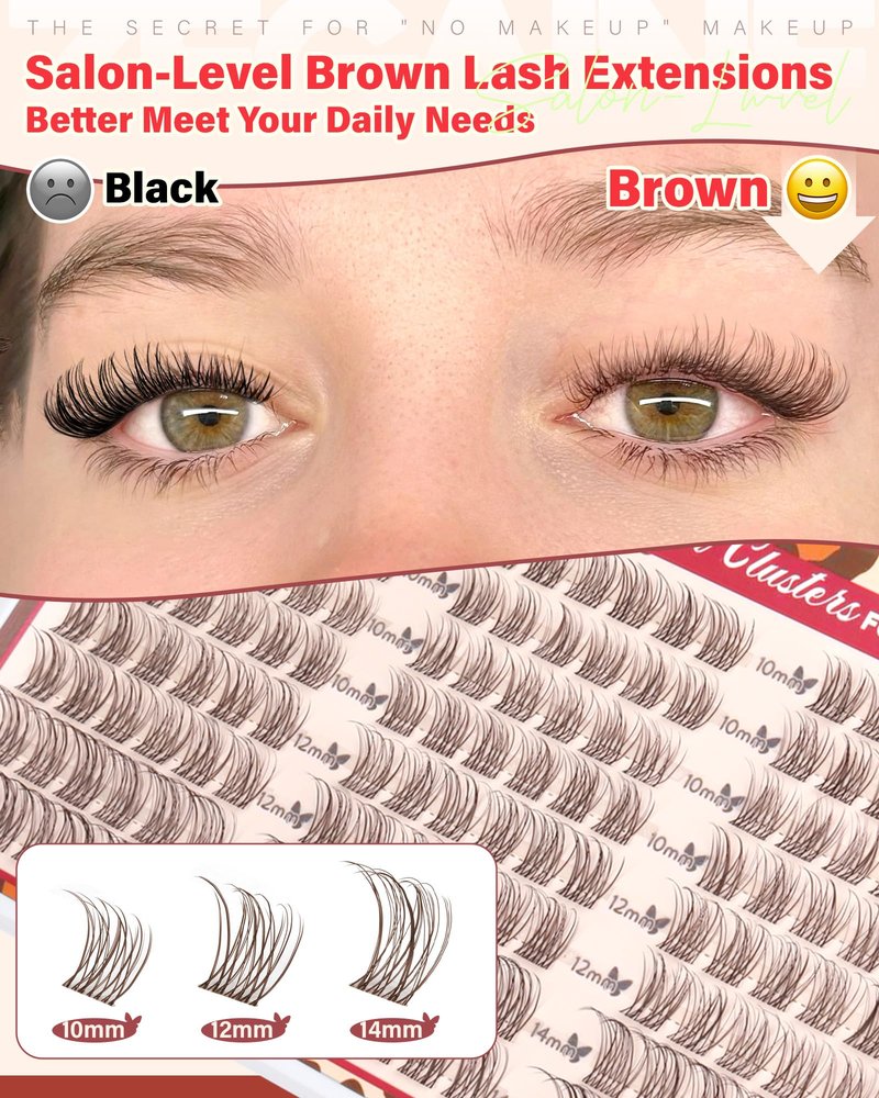 Short Brown Lash Clusters 10-12-14MM Natural Eyelash Clusters Clear Band Wispy Cluster Eyelash Extensions C-Curly Short Lashes Clusters Brown Natural Cluster Lashes 144Pcs by Zegaine