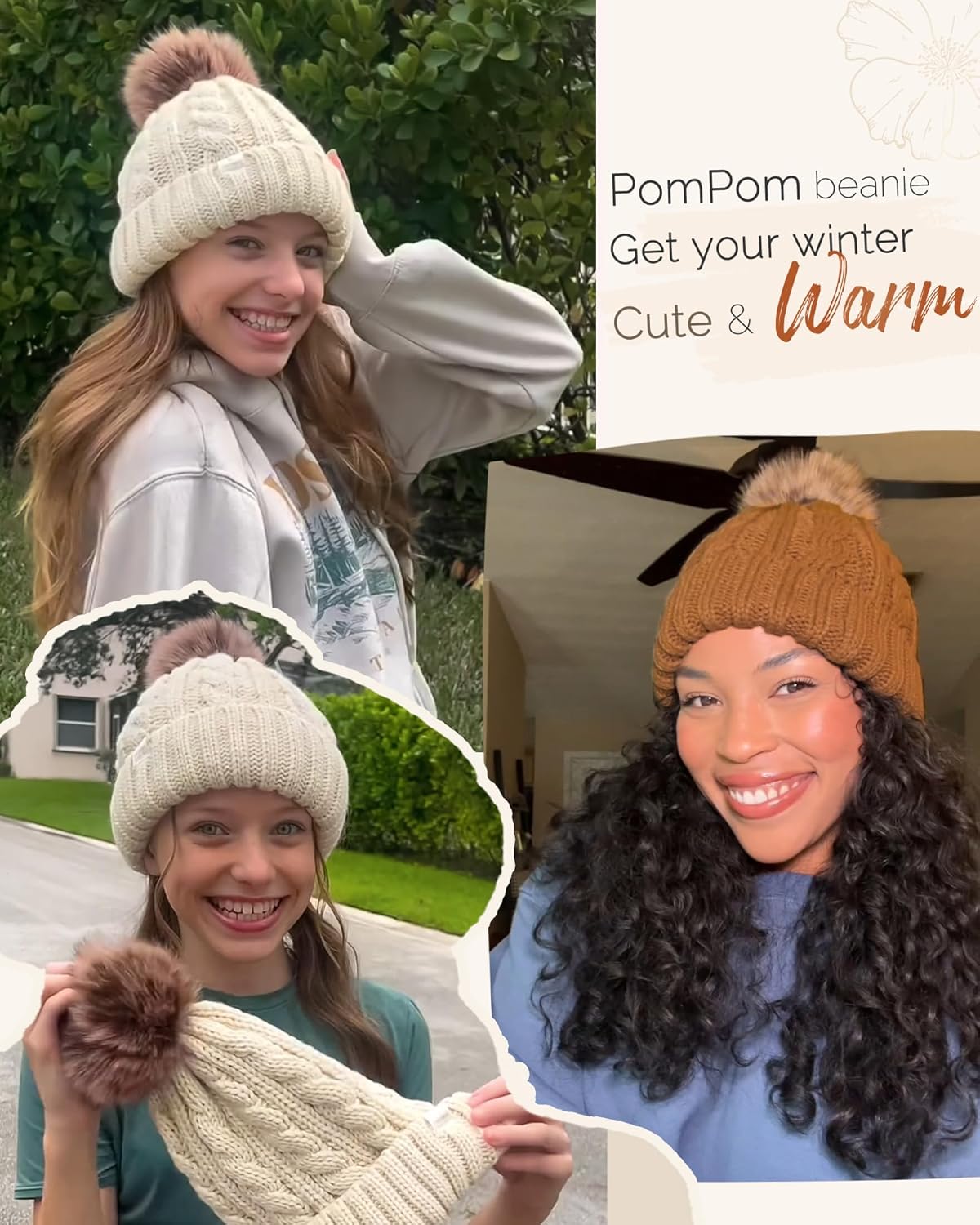 Womens Winter Beanie Hat - Satin Lined Knitted Cap for Warmth & Style | Soft Pom Pom Design