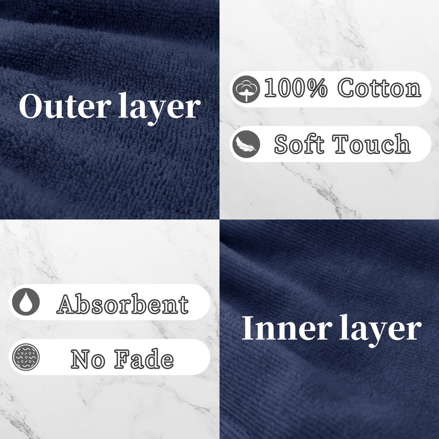 VOOVA & MOVAS 6-Pack Bath Mitts for Shower, 100% Cotton Soft Absorbent Wash Cloths with Hanging Loop, 8.3x6.3 Inch European Style Bathing Gloves for Body & Spa, Navy