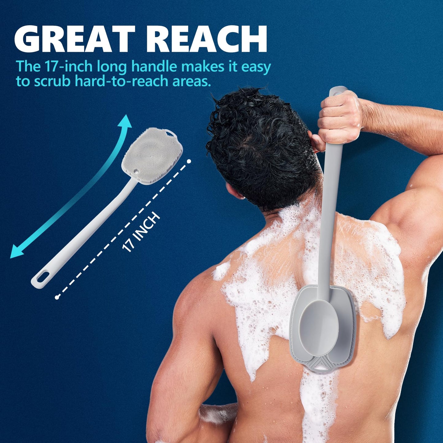 ARIOSOX Silicone Back Scrubber for Shower, Detachable Long Handle Body Scrub Brush, Shower Brush for Shower Exfoliating and Message, Dual Purpose Overall Cleaning - Grey