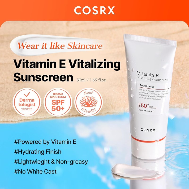 COSRX Vitamin E Sunscreen SPF 50 - Lightweight, Non-Sticky Formula for Oily Skin | Hydrating, Natural Glow, 1.69 fl oz