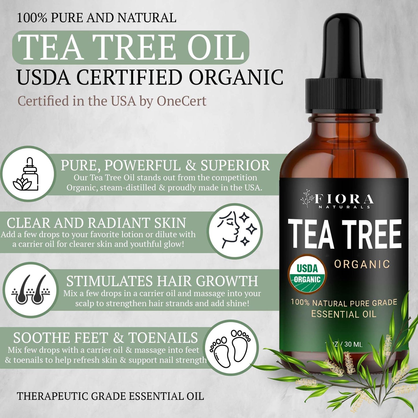 Tea Tree Oil – 100% Pure Organic Tea Tree Essential Oil for Skin, Face, Hair, Scalp, Nails, and Toenail – Therapeutic Grade Tree Tea Oil for Acne & Hair Growth – 1 fl oz - By Fiora Naturals