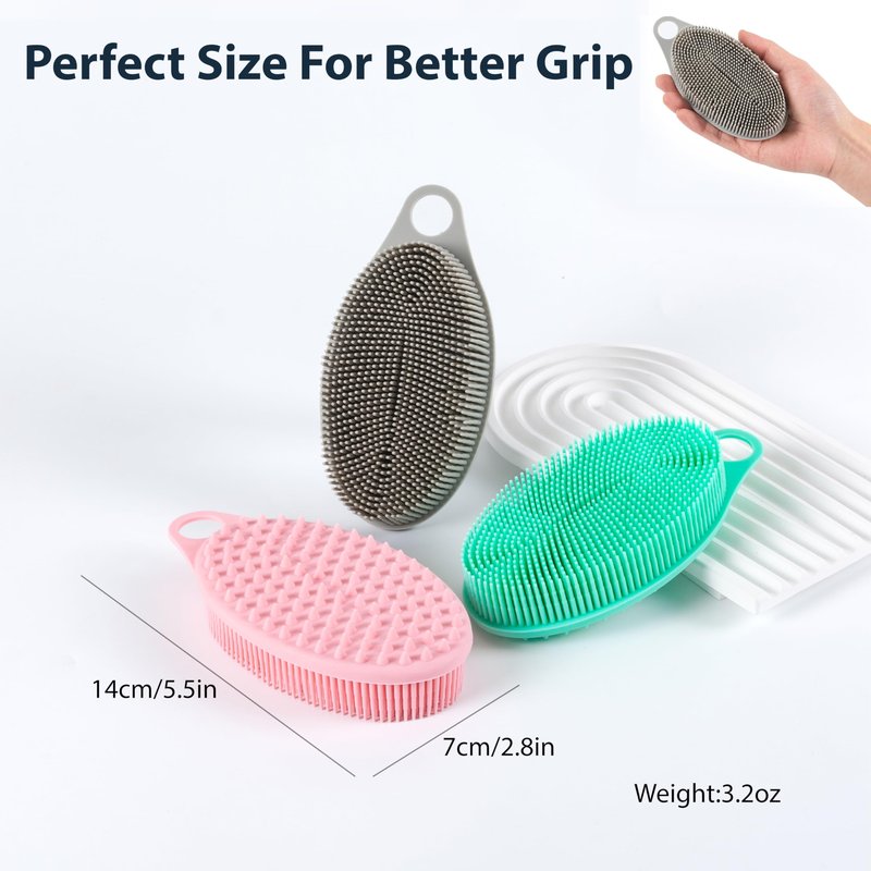 MtBoi 2 Pack Silicone Exfoliating Body Scrubber, Soft Silicone Loofah for Sensitive Skin, 2-in-1 Body Brush & Shower Head Massager, Easy to Clean, Rich Lather (Gray&Green)