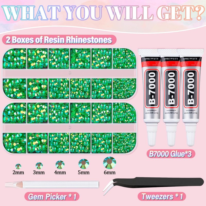 Resin Rhinestones for Crafting with 3Pcs 10ml B7000 Jewelry Glue, 2 Boxes Dark Green AB Flatback Gems Crystals Diamond for Bedazzling Crafts DIY Nail Art Makeup,Gems for Clothing Tumblers Shoes