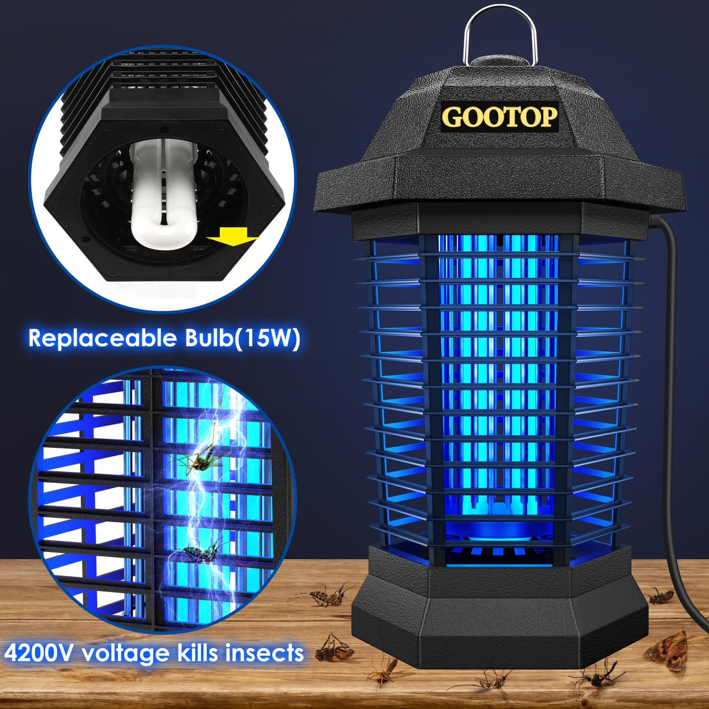 GOOTOP Bug Zapper Outdoor, Mosquito Zapper, Electric Fly Zapper 3 Prong Plug in, Mosquito Killer, Fly Traps, Flying Insects Zapper Indoor Outdoor, 4200V, ABS Plastic Outer (Black)