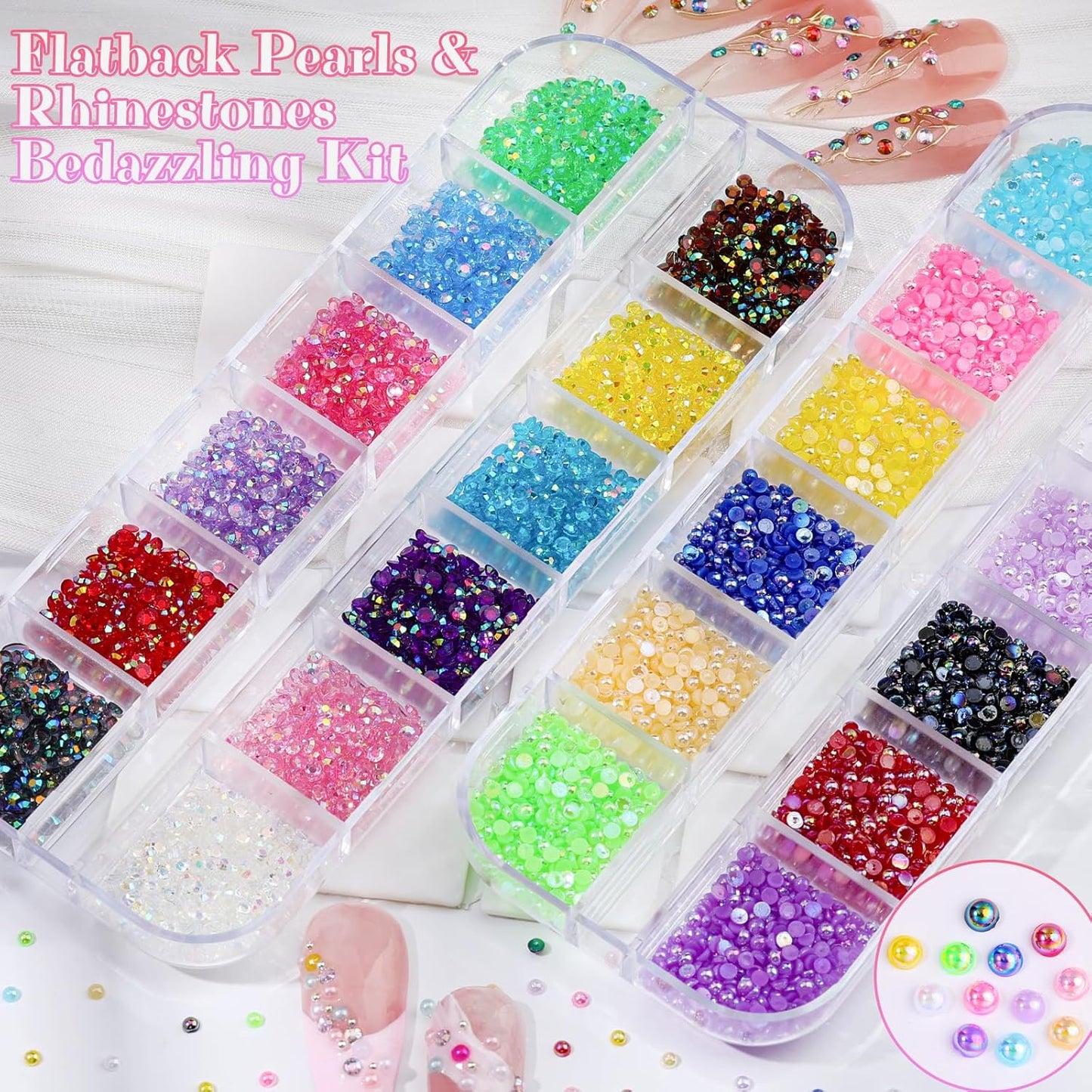 Skiennix Nail Art Rhinestones Kit - 6 Boxes of 2mm Mixed-Color Flatback Pearls with Tweezers & Brush