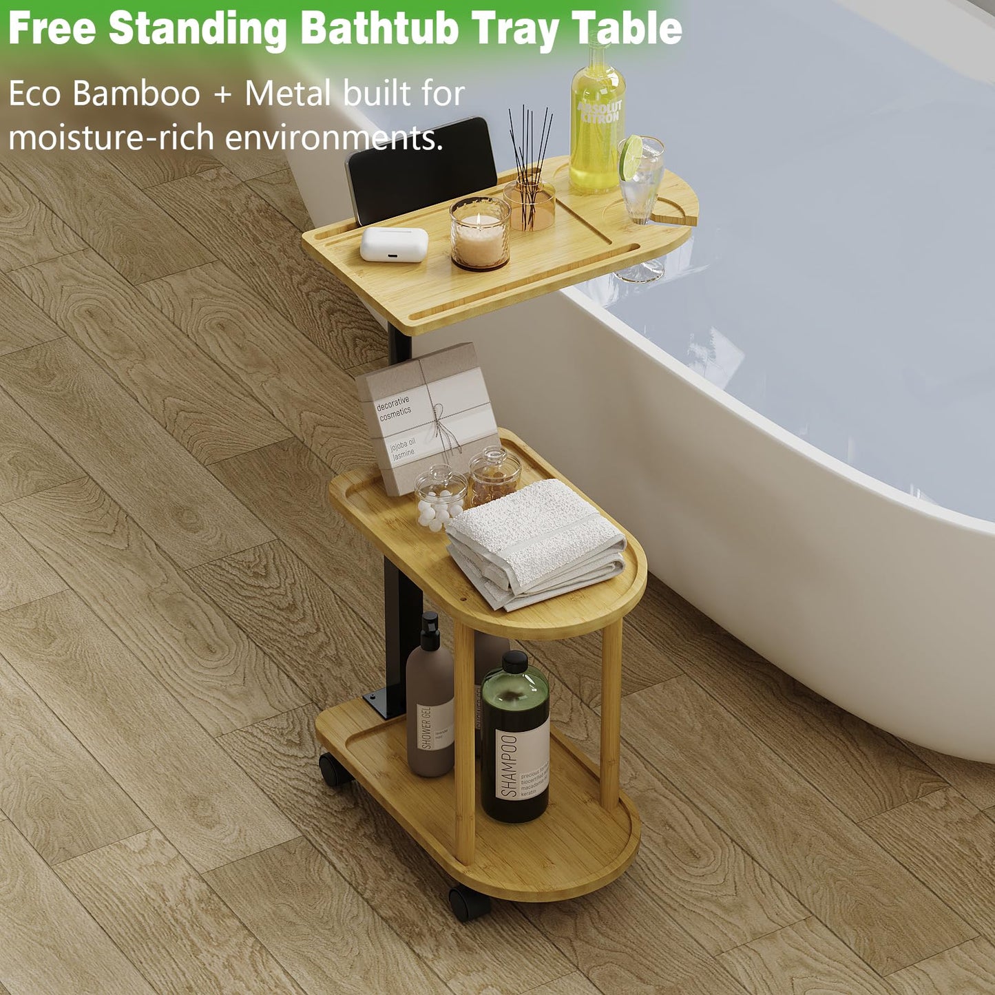 Welfuturer Bamboo 3 Layer Rotating Bathtub Tray Table, Adjustable Height Freestanding Caddy Shelf for Plants & Bath Essentials,Spa Side Table for Tub,Multifunctional Bamboo Stand Organizer,Natural