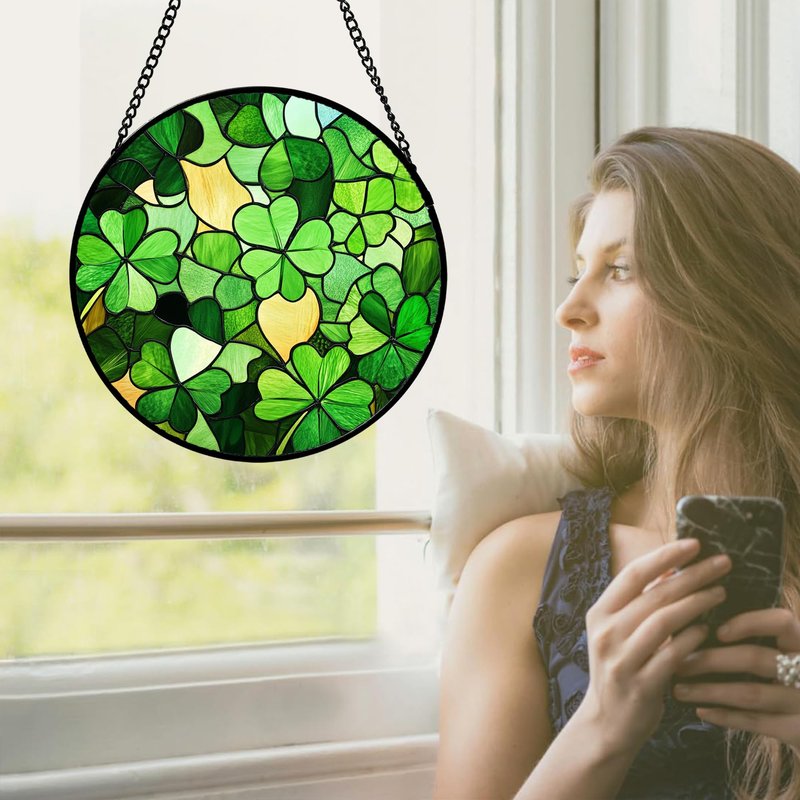 QZQCBLC Stained Glass Window Hanging Lucky Clover 7.8" - Suncatcher Door Garden Sun Catcher Ireland Green Decor Birthday Mother's St. Ripack's Day Gift for Woman Mom Men Friend Nana Wife